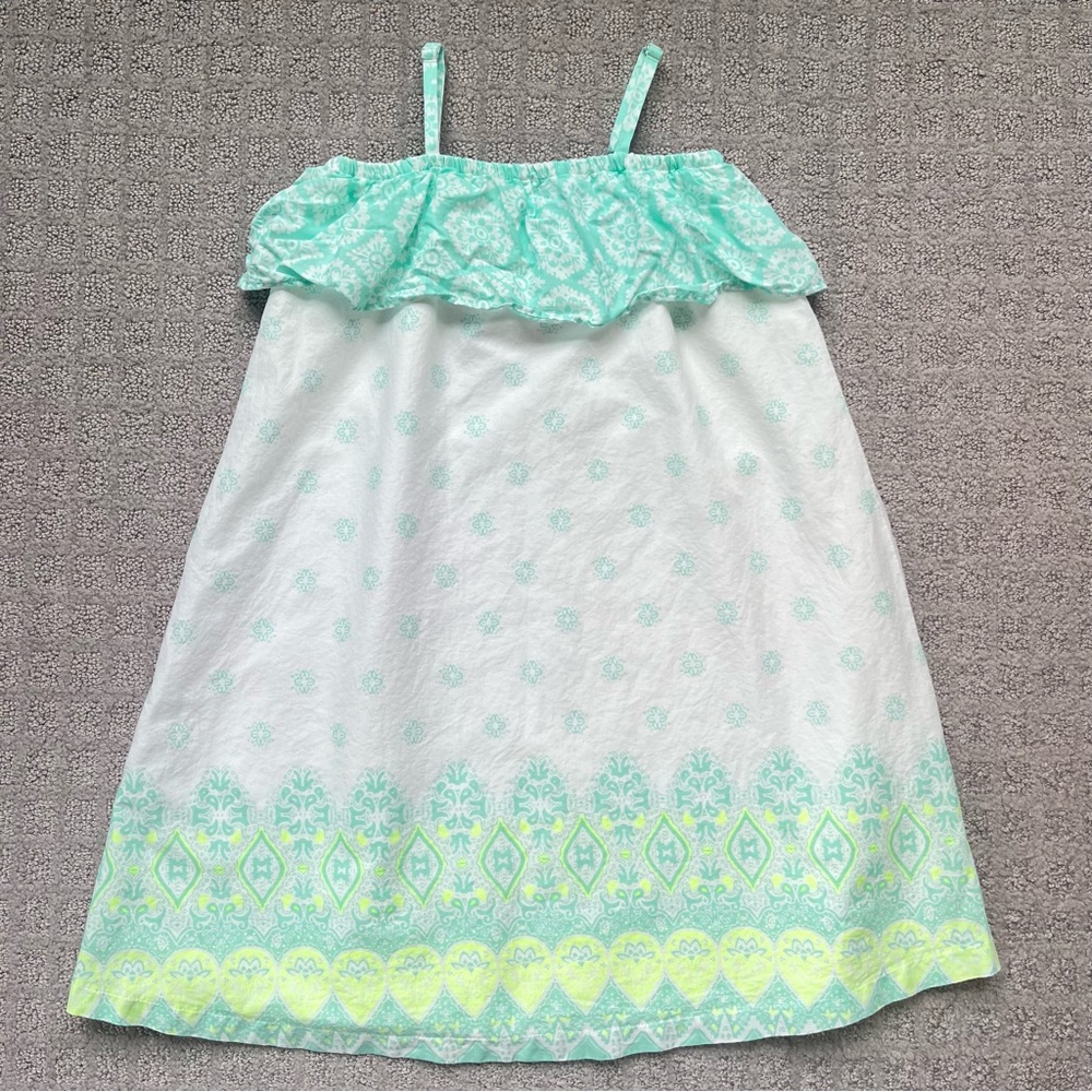 Children’s Place Spaghetti Strap Ruffle Smock Dress White Mint Lime Green 5/6 - Picture 4 of 4